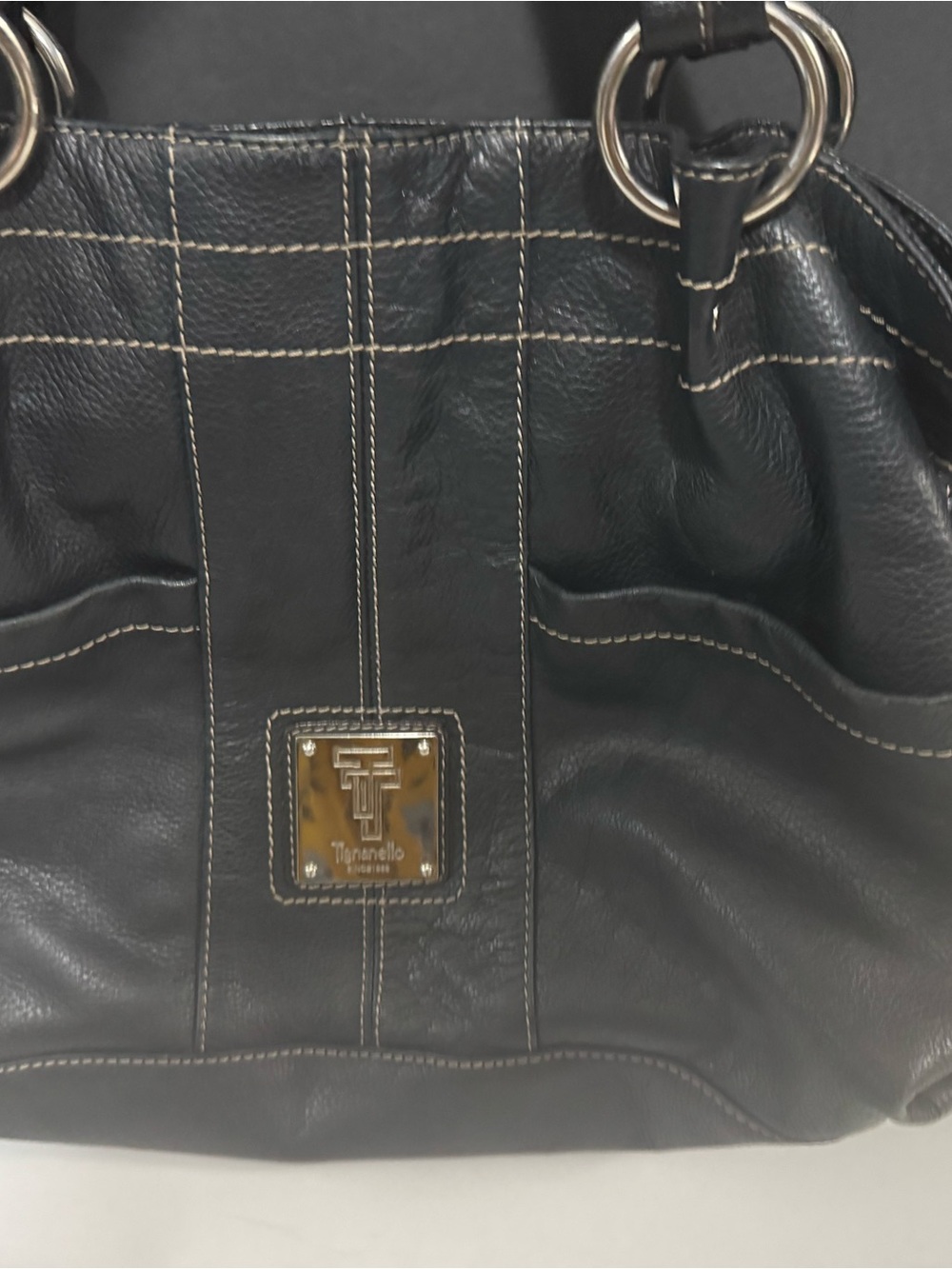 Tignanello Pebbled Black Leather Shoulder Hand-carry Bag with Contrast Stitching